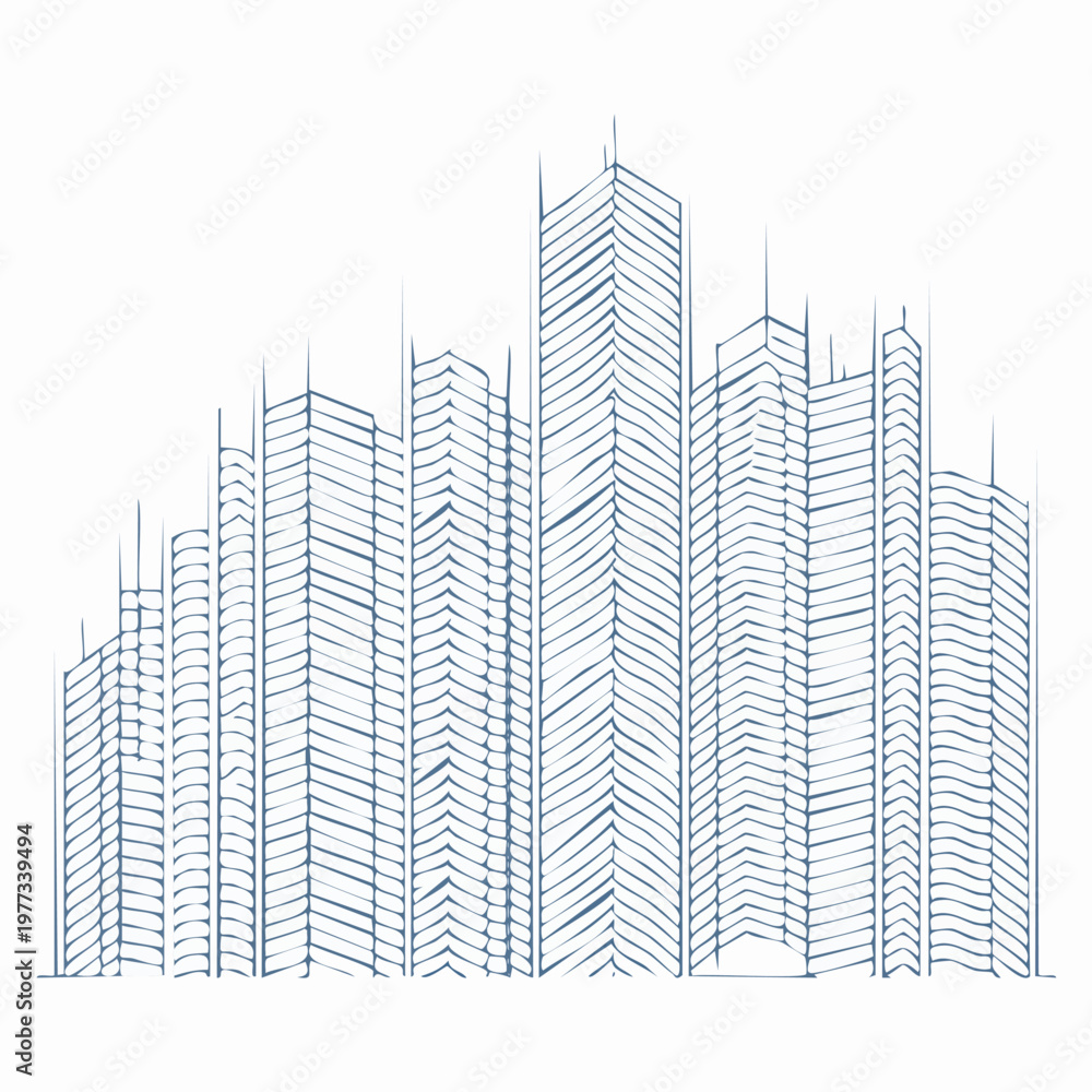 Fototapeta premium Blue line art illustration of a modern city skyline with skyscrapers.