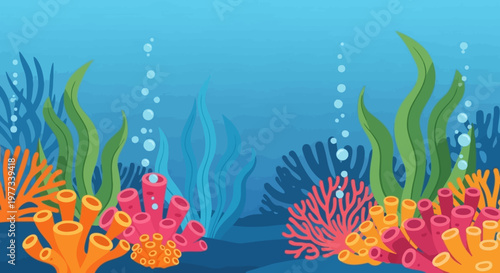 Vibrant Underwater Coral Reef Scene with Colorful Sea Plants Bubbles and Blue Ocean Background Tropical Marine Life Cartoon Vector Illustration