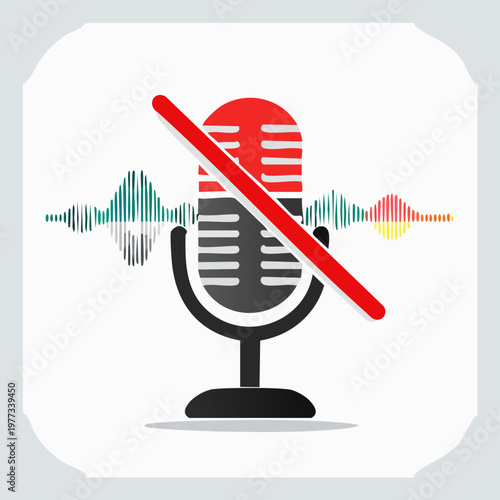 Muted microphone icon with sound waves background for silence and censorship concepts.