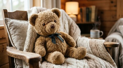 A teddy bear sits on a chair with a cup in a cozy room