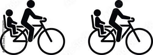 Cycling with child seat, family biking, parent rider, safety pictogram, transportation icon, bicycle silhouette, outdoor activity, parenting design, urban mobility