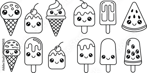 Cute cartoon ice cream, popsicle, watermelon slice, frozen dessert coloring page, kawaii food illustration, kids activity, black white line art