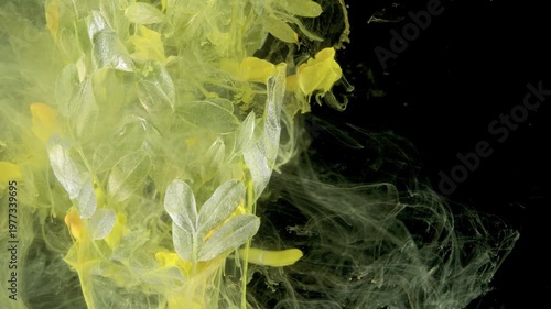 Yellow leaf ink in laboratory motion, pigment diffusion shot with chemist aesthetic, controlled swirl and liquid detail, studio experiment exploring