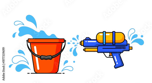 Cartoon Water Gun Shooting Water Splash at Orange Bucket Playful Summer Fun Toy Isolated on White Background Vibrant Colorful Vector Illustration for Kids