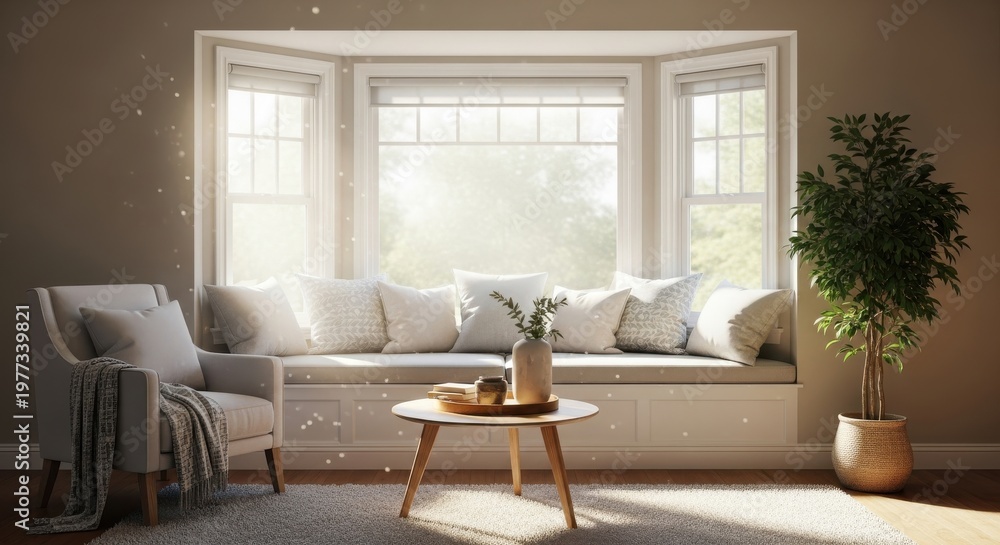 Fototapeta premium Cozy living room interior features a sunlit window seat with comfortable pillows and a wooden coffee table.