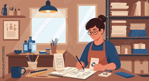Cartoon Woman Writing in Notebook at Desk.