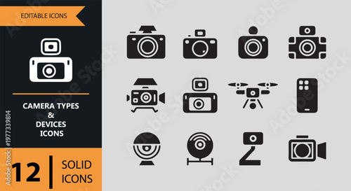Camera types and devices icons in solid style for design projects