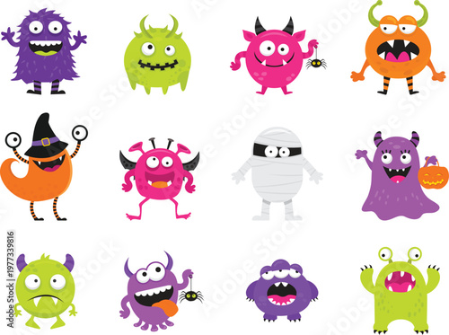 Set of colorful cute monster characters and spooky Halloween icons including mummy and pumpkin for kids vector illustration