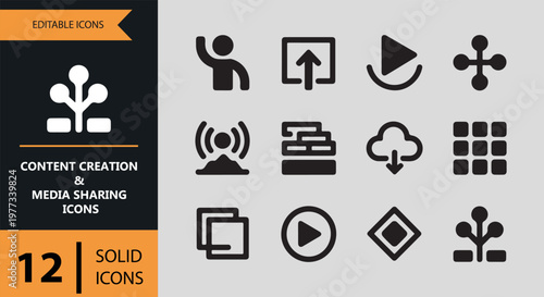 Collection of twelve solid icons for content creation and media sharing on light green background