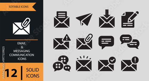 Collection of black and white email and messaging communication icons on gray background