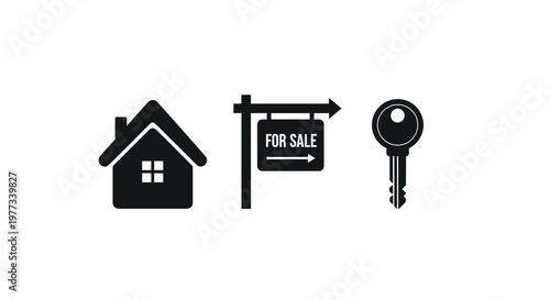 House for sale sign and key as symbolic representation silhouette