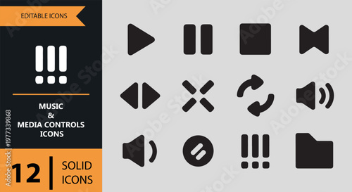 Music and media controls icons in solid style on gray background