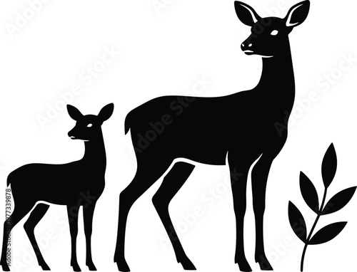 Deer silhouette wildlife illustration, parent and offspring design, black animal vector art, nature bond symbol, minimalistic forest creature outline