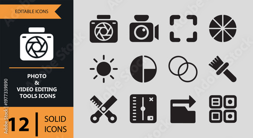 Photo and video editing tools icons set in solid style