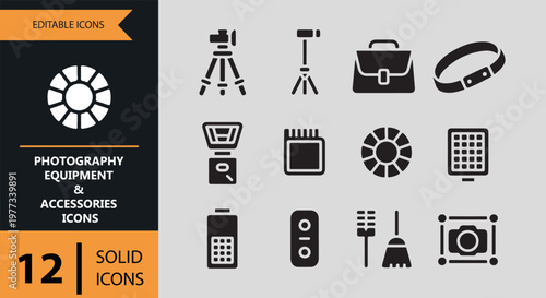 Collection of photography equipment and accessories icons in solid style