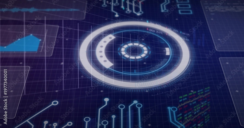 Fototapeta premium Displaying circular HUD rotating with rings on dark-blue grid with polygon chart and code blocks
