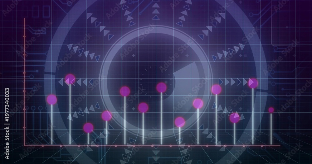 Naklejka premium Showing central gauge emitting vertical cyan beams topped by magenta nodes on virtual dashboard