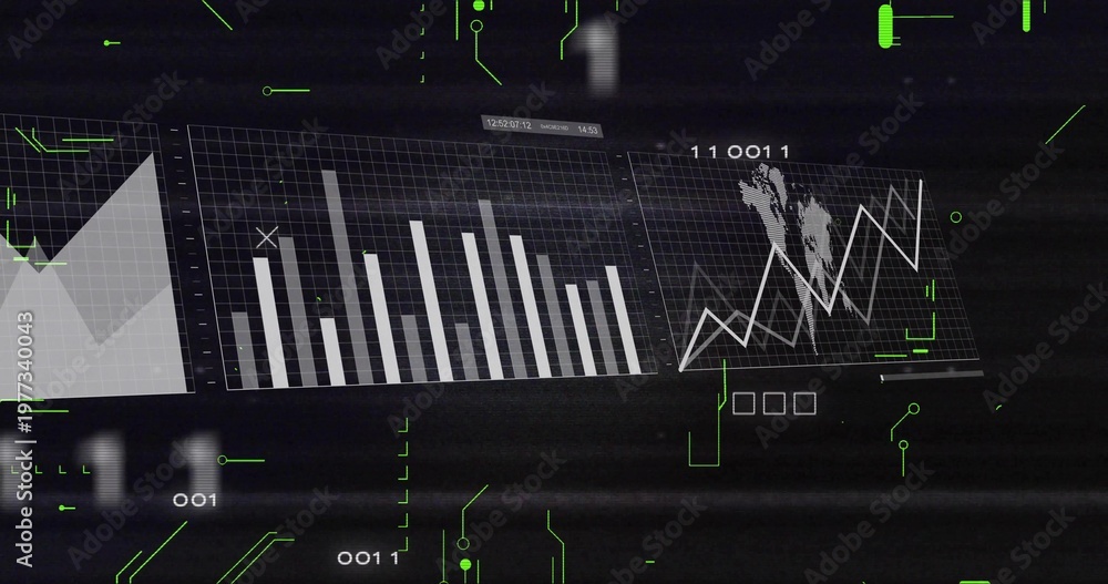 Fototapeta premium Displaying analytics HUD showing three adjacent charts on dark screen, with neon glyphs