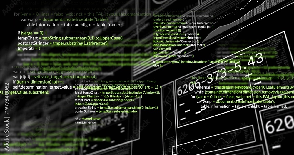 Fototapeta premium Displaying overlaid source code and UI wireframe panels in workspace with monitors and glitch lines