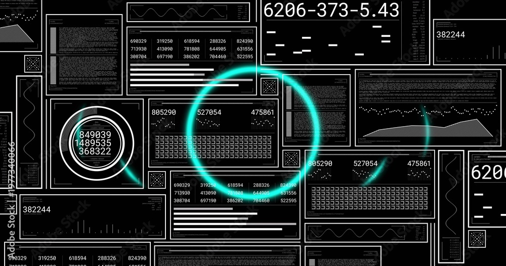 Fototapeta premium Glowing cyan rings highlighting tiled UI panels on dark display, showing numeric readouts and gauge