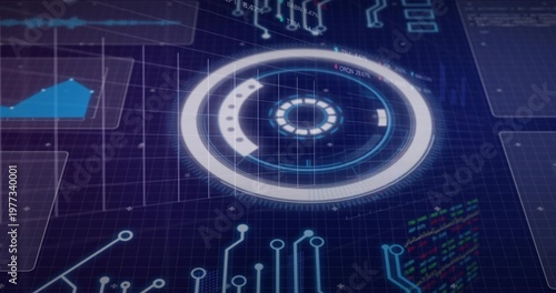 Displaying circular HUD rotating with rings on dark-blue grid with polygon chart and code blocks