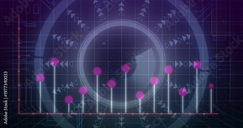 Showing central gauge emitting vertical cyan beams topped by magenta nodes on virtual dashboard