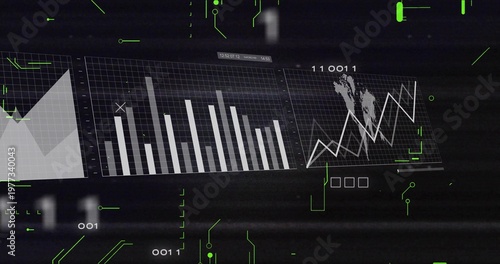 Displaying analytics HUD showing three adjacent charts on dark screen, with neon glyphs