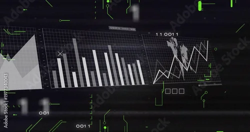 Obraz Displaying analytics HUD showing three adjacent charts on dark screen, with neon glyphs