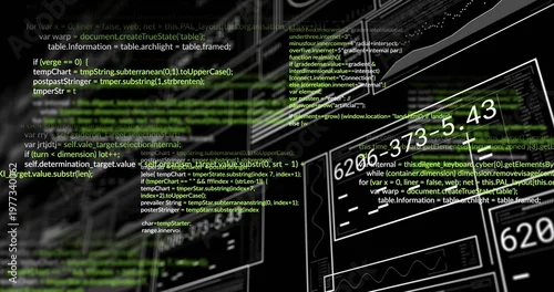 Obraz Displaying overlaid source code and UI wireframe panels in workspace with monitors and glitch lines
