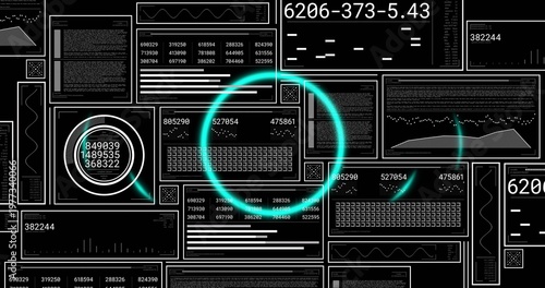 Glowing cyan rings highlighting tiled UI panels on dark display, showing numeric readouts and gauge