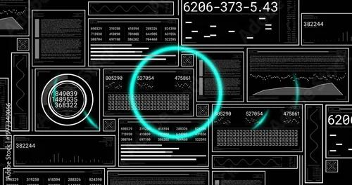 Obraz Glowing cyan rings highlighting tiled UI panels on dark display, showing numeric readouts and gauge