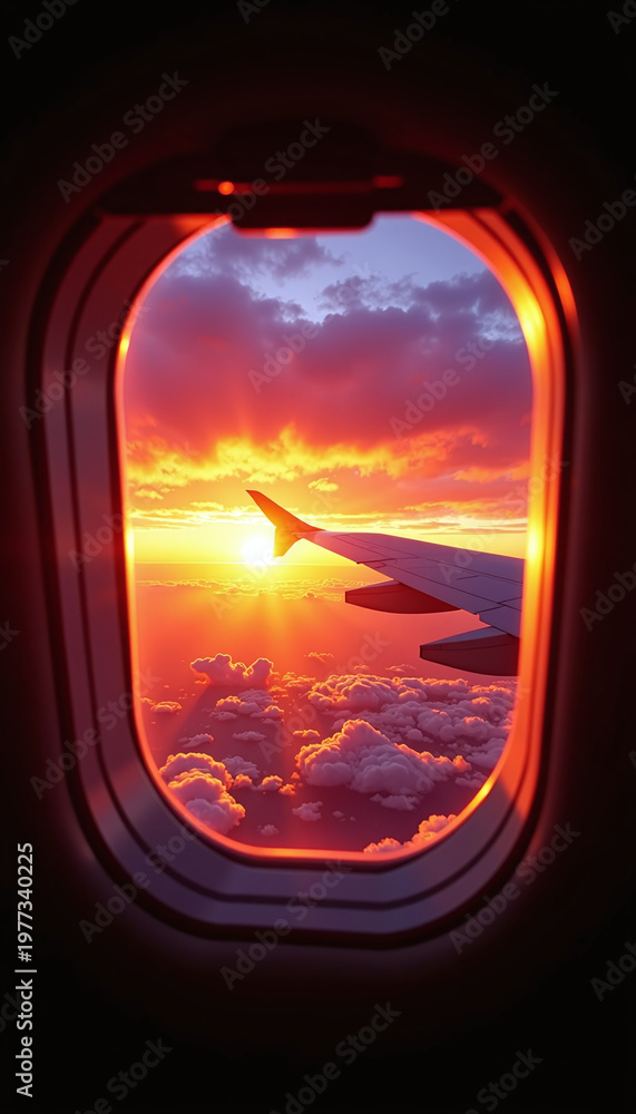 Fototapeta premium Aerial view of a sunset over clouds seen from an airplane window
