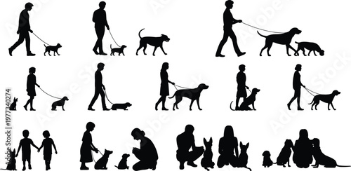 Dog walking silhouettes, people with pets, children holding hands with dog, companionship illustration, human animal bond, pet care vector design