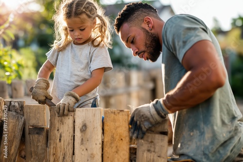 Creative father and daughter build wooden structure in sunny backyard engaging in joyful outdoor activity