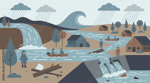 Flat design illustration of a flood disaster with heavy rain and rising water