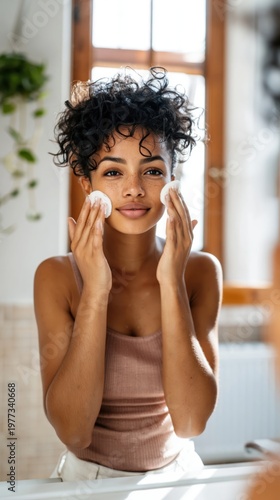 Non-binary individual enjoys a refreshing skincare routine in a sunlit bathroom setting