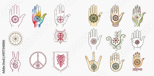 Collection of Hamsa hands, peace signs, and spiritual symbols with intricate patterns and designs, representing protection, blessings, and harmony.