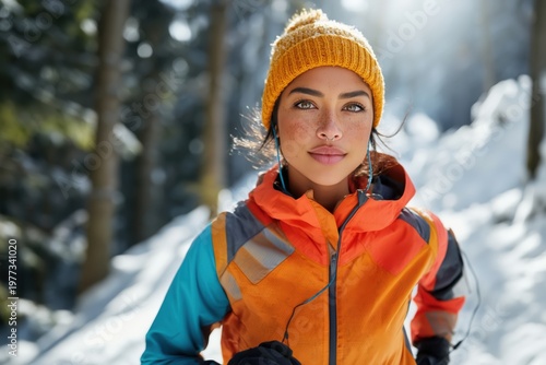 Jogging through the winter wonderland with determination and style in a vibrant outfit
