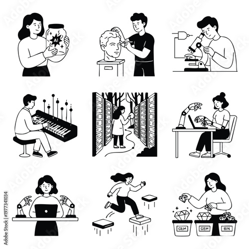 Diverse people engaged in various creative and scientific activities.