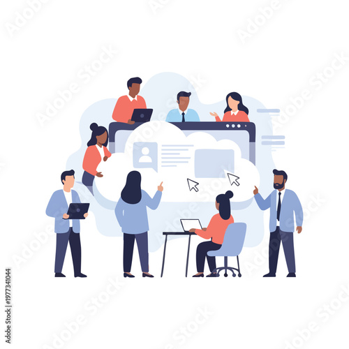 Diverse team collaborating on cloud technology project.