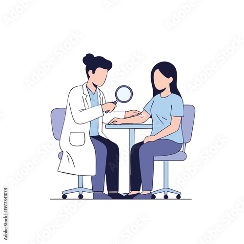 Doctor examining patients arm with magnifying glass.