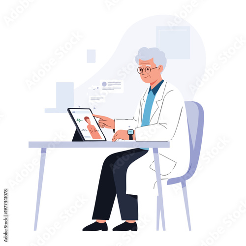 Doctor consulting patient online using tablet computer.