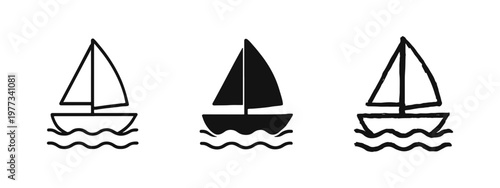 Sailboat Icons Set in Outline Solid and Hand Drawn Doodle Styles
