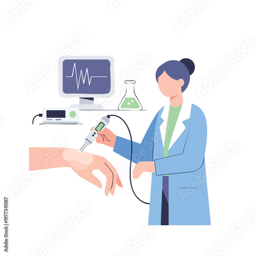 Doctor performing medical examination on patients hand with advanced equipment.