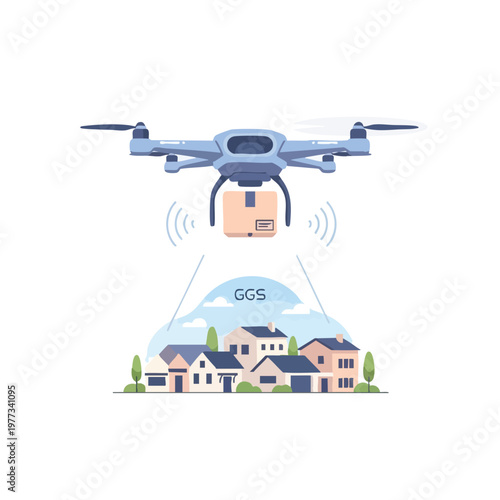 Drone delivering package to residential area aerial view.