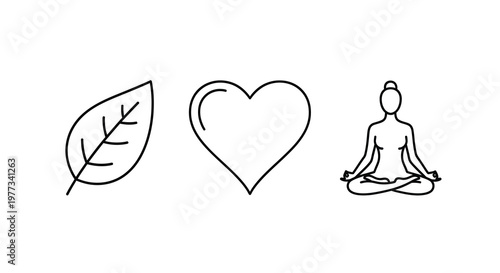 Minimalist icons depicting nature love and a meditative pose silhouette