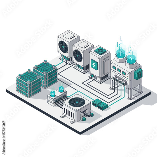 Isometric illustration of a modern data center or power generation facility.