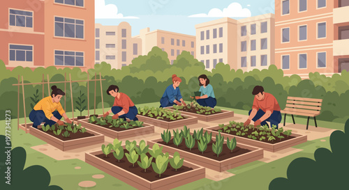 People Gardening Together in Community Garden.