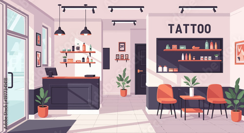 Tattoo Studio Interior with Modern Furniture and Decor.