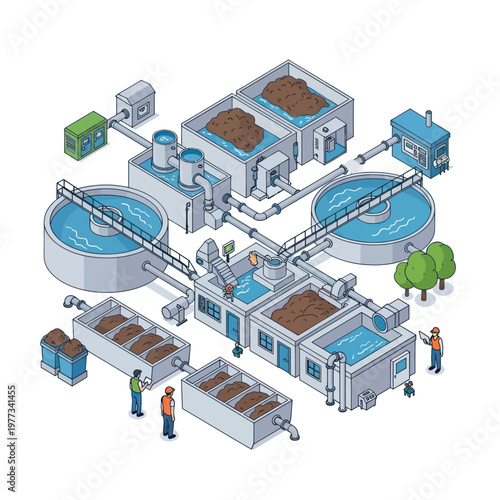 Isometric illustration of a modern wastewater treatment plant.